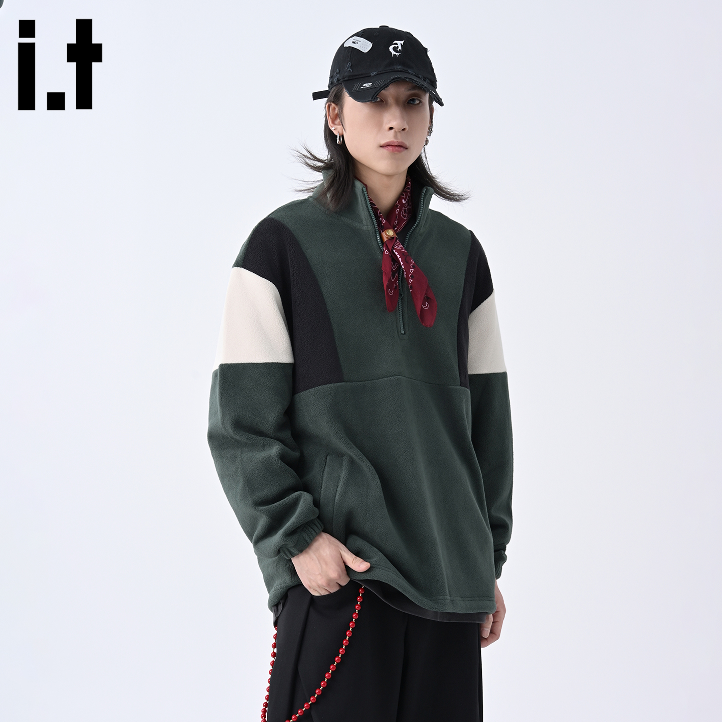 拼接撞色摇粒绒半开领卫衣男