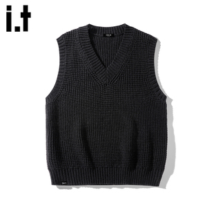 it :5cm/FIVECM黑色v领针织衫马甲男款2025秋冬外穿坎肩背心毛衣