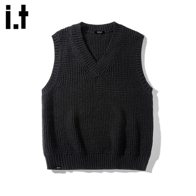 it黑色V领男针织马甲5cm秋冬