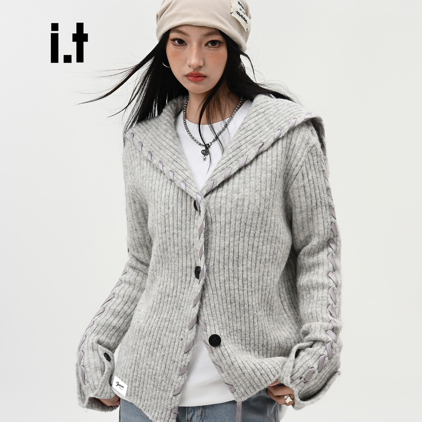 海军领织带长袖毛衣开衫外套女