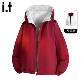 it :5cm/FIVECM时尚红色连帽棉服外套男2025冬季加厚加绒保暖棉衣