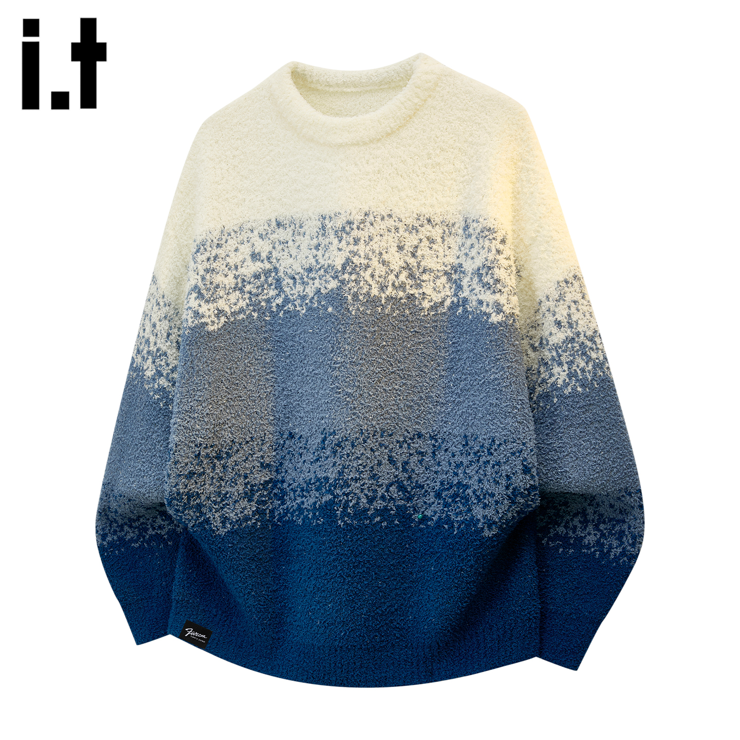 潮牌渐变撞色圆领毛衣男士