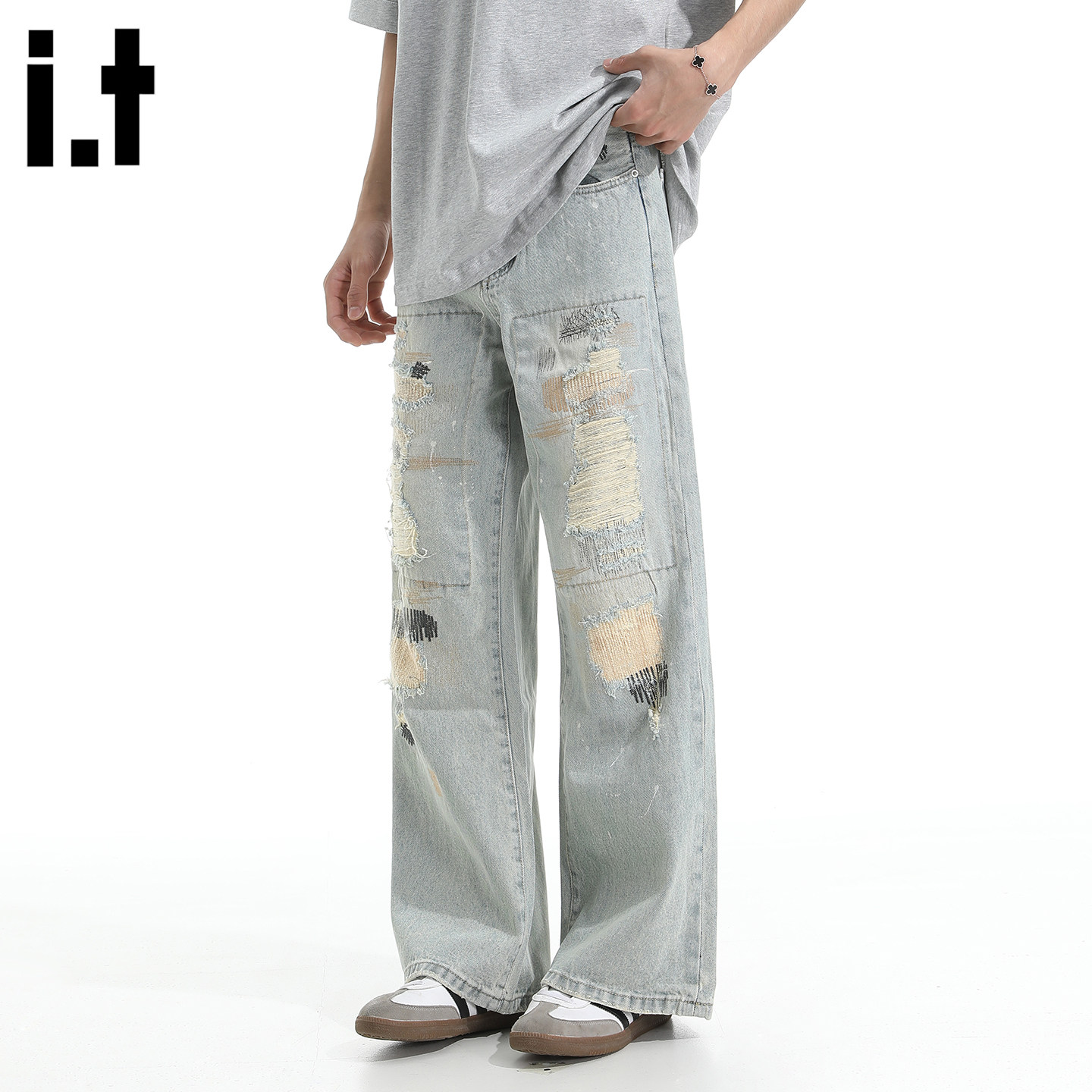 it :FIVECM补丁高街牛仔裤男女夏季潮流宽松直筒水洗浅色微喇裤子