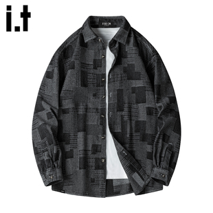 it :5cm/FIVECM官方正品黑色格子长袖衬衫男士2025春秋季外套上衣