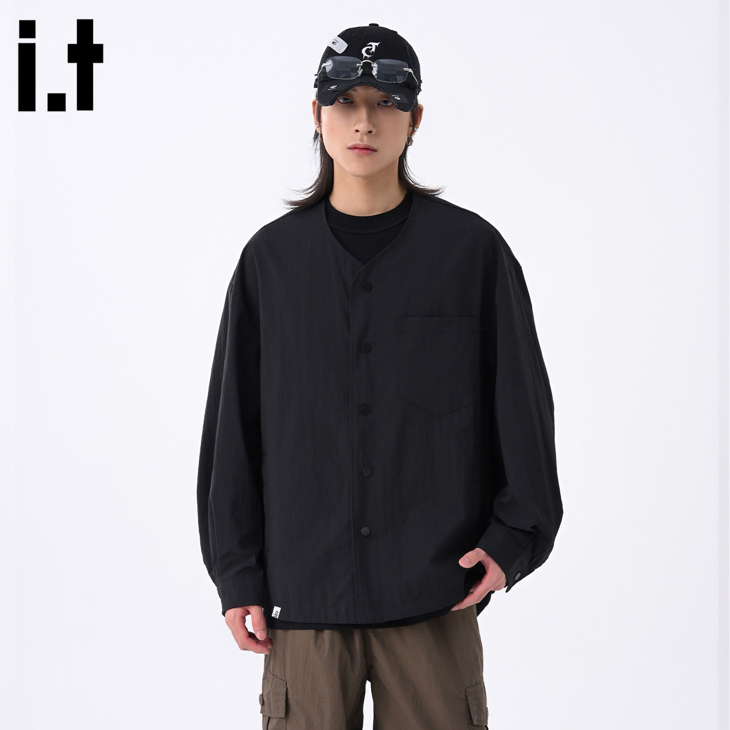 it :5cm/FIVECM黑色新中式v领薄款长袖外套男款2025秋季国潮上衣