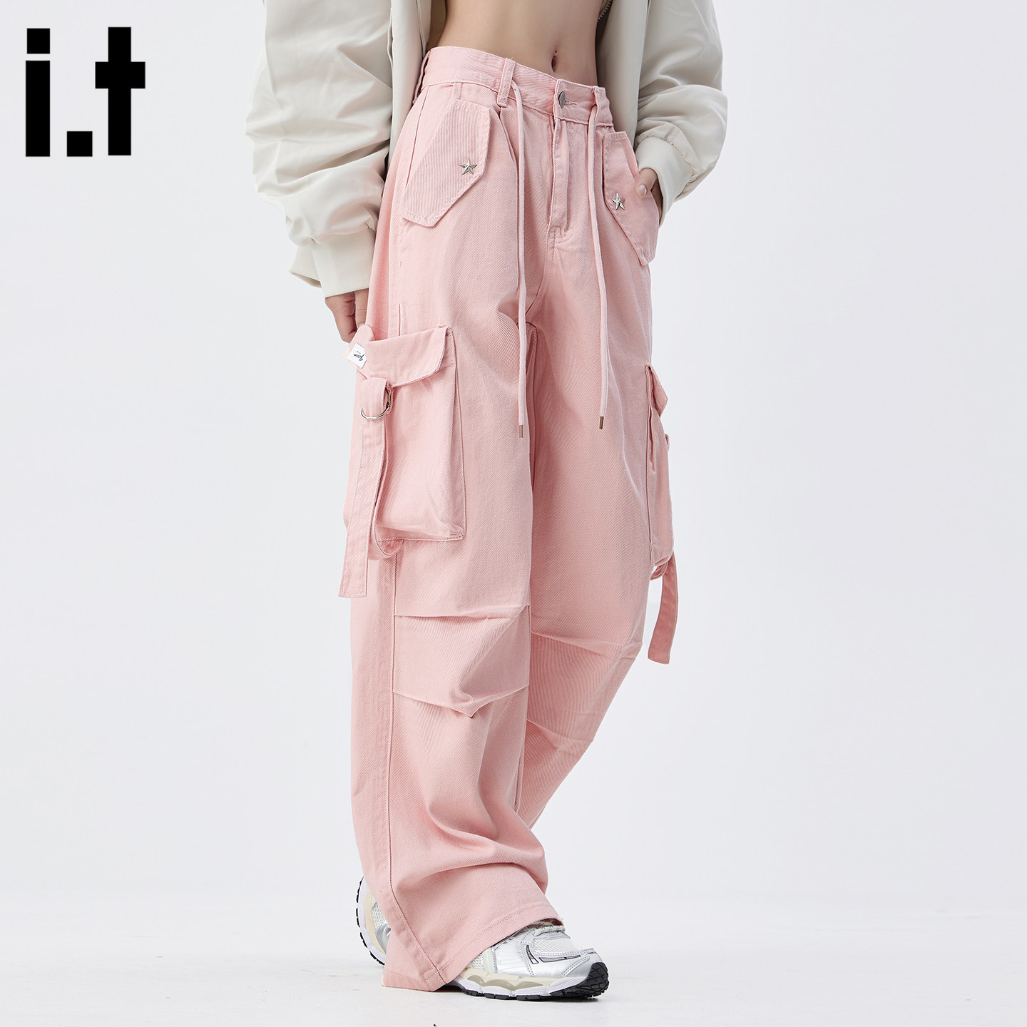 it :5cm/FIVECM粉色多口袋工装牛仔裤女春季宽松直筒阔腿休闲长裤,女装/女士精品,牛仔裤,淘宝优惠券,粉丝福利购,淘宝优惠卷