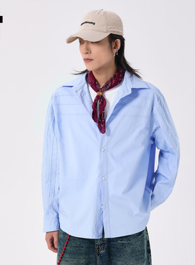 it :5cm/FIVECM蓝色设计感翻领长袖衬衫男士2025新款痞帅宽松上衣