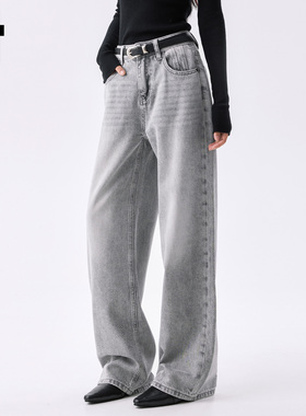 it :5cm/FIVECM复古灰色水洗阔腿牛仔裤女2025新款秋宽松直筒长裤