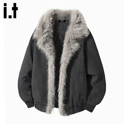 春秋新款美式大毛领夹棉棉衣外套