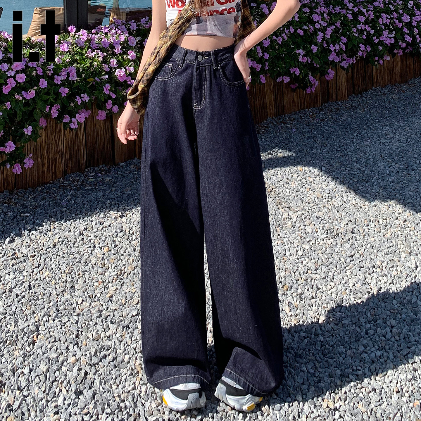 it FIVECM美式复古风深蓝阔腿牛仔裤女高腰宽松垂感拖地显瘦裤子