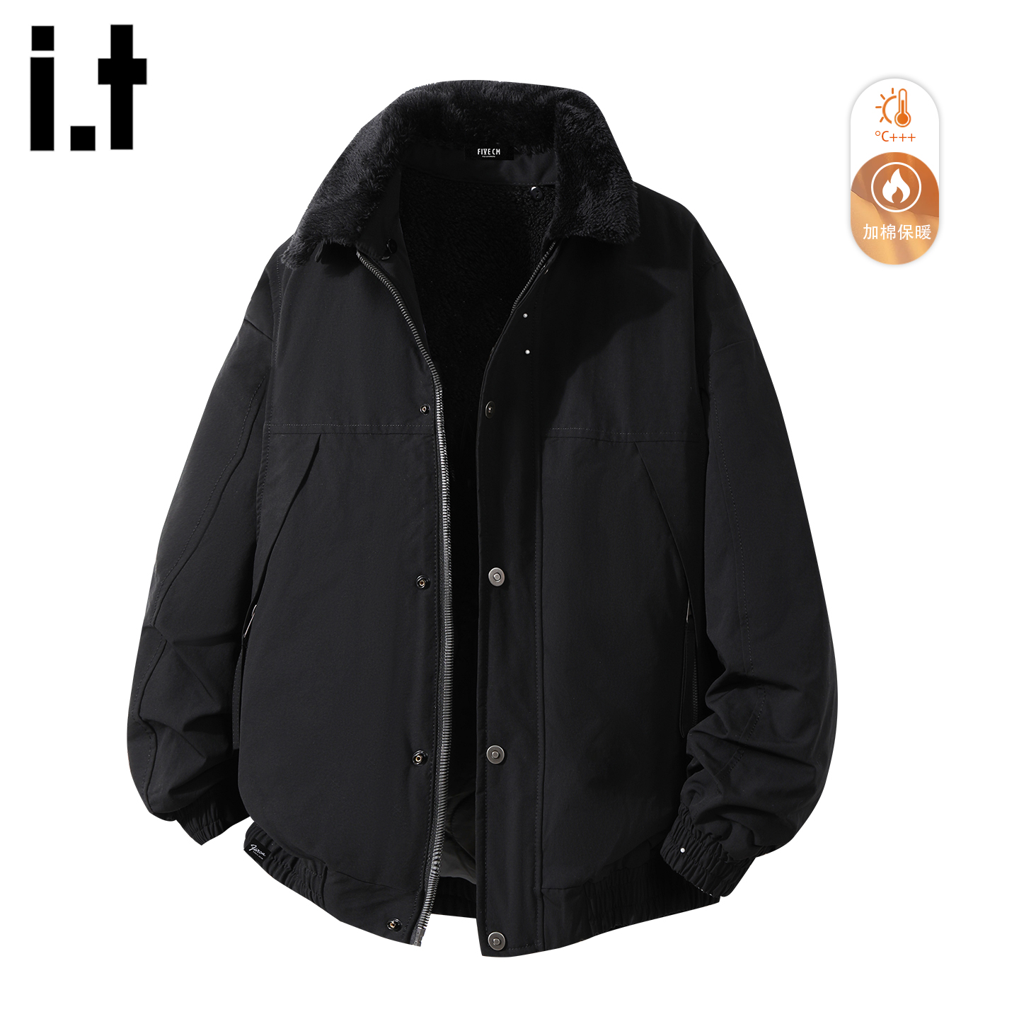 黑色毛毛领加绒棉服男款