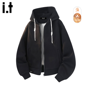 it :5cm/FIVECM黑色连帽开衫加绒卫衣男女款秋冬宽松休闲保暖外套