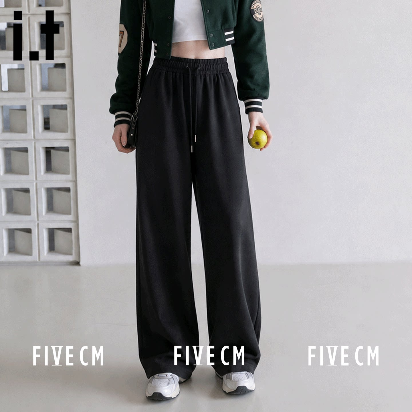 itFIVECM黑色运动阔腿裤女