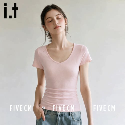 itFIVECM纯色V领修身短款短袖