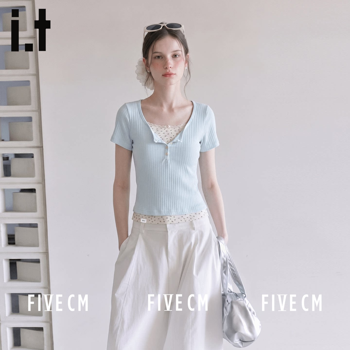 itFIVECM韩系U领假两件T恤女