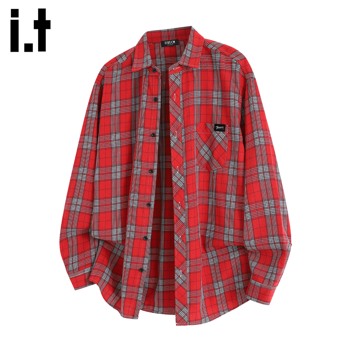 IT'S5cm红色格子条纹翻领衬衫