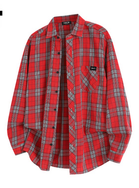 it :5cm/FIVECM红色格子条纹翻领长袖衬衫男士2025春秋季宽松上衣