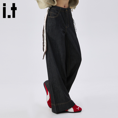 丹宁深色阔腿牛仔裤女