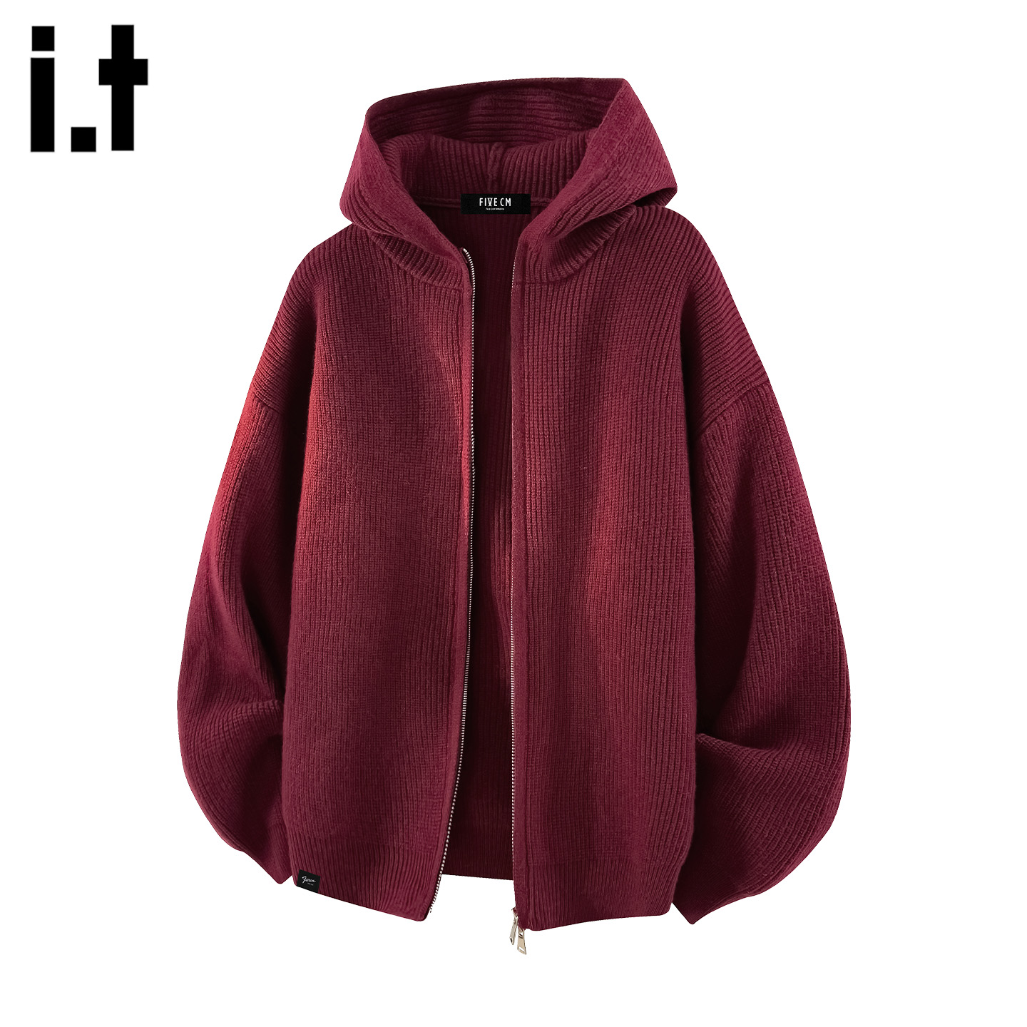 IT'S5cm红色连帽拉链针织开衫