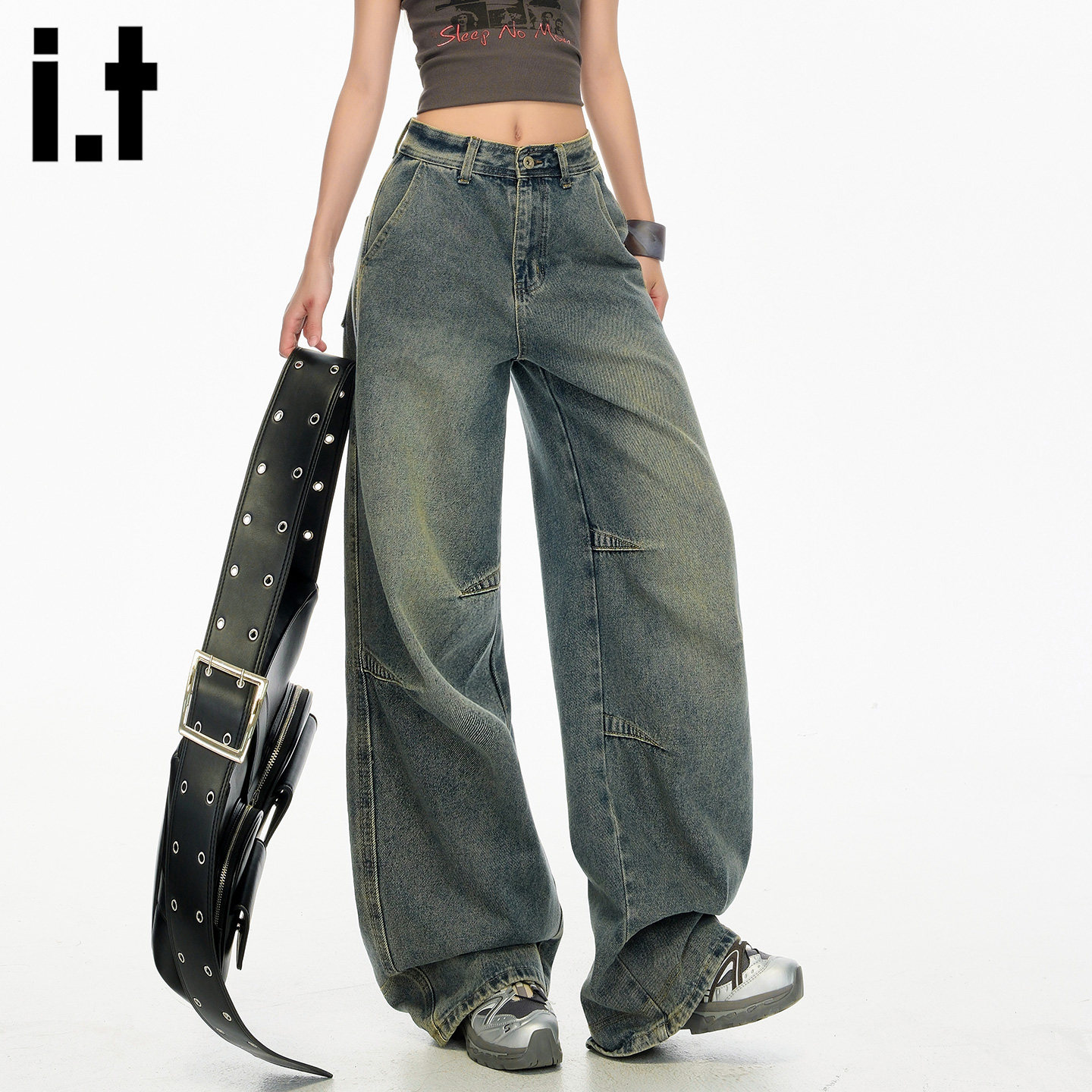 it :5cm/FIVECM美式复古蓝宽松阔腿牛仔裤女高腰显瘦垂感直筒裤子