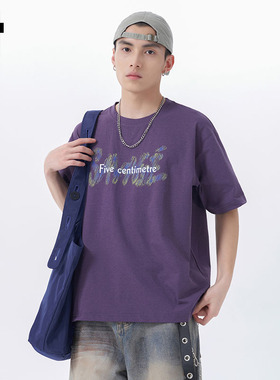 it :5cm/FIVECM重磅紫色印花字母短袖t恤男士2025夏季宽松上衣潮