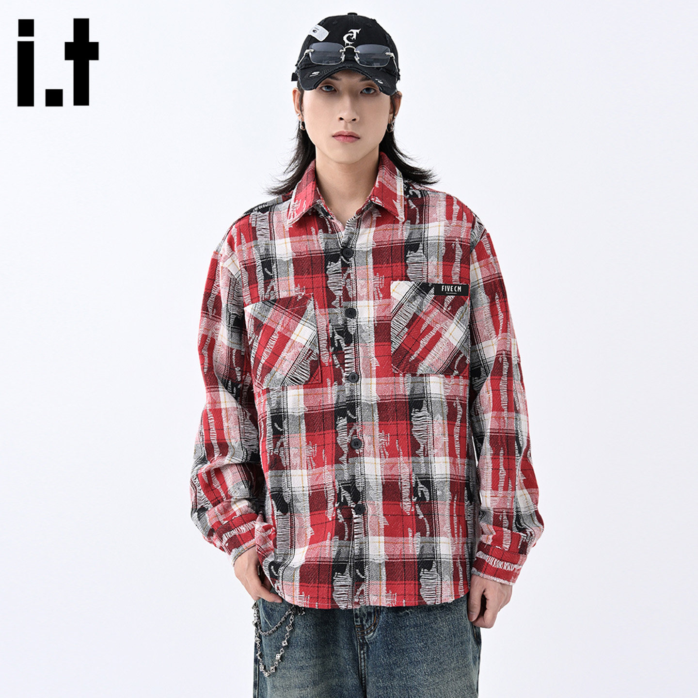 it :5cm/FIVECM红色格子针织长袖衬衫男款2025秋季宽松翻领上衣潮,男装,衬衫,淘宝优惠券,粉丝福利购,淘宝优惠卷