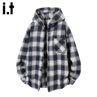 2025秋冬季 男士 FIVECM青年格子连帽加厚毛呢衬衫 休闲衬衣 5cm