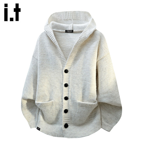 单排扣连帽开衫毛衣男款