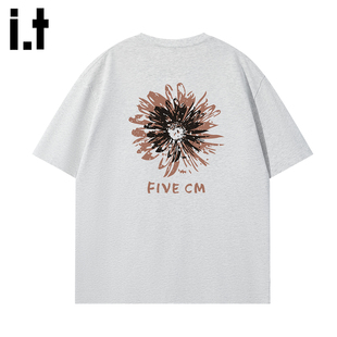 it :5cm/FIVECM纯棉灰色花卉圆领短袖T恤男女款夏季潮牌宽松透气