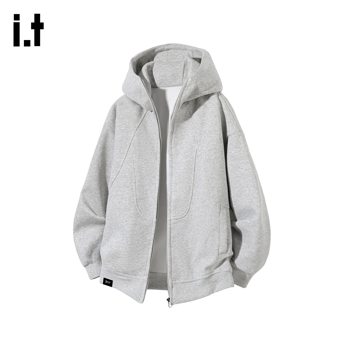 灰色连帽拉链开衫卫衣外套