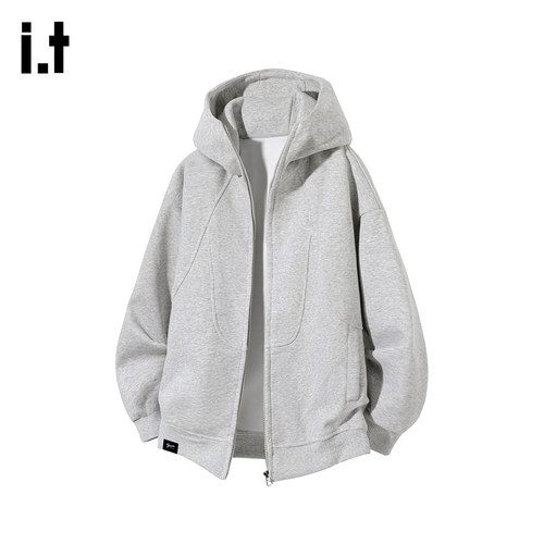 灰色连帽拉链开衫卫衣外套