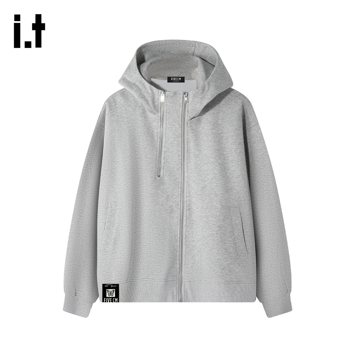 it :5cm/FIVECM灰色双拉链连帽开衫外套卫衣男士2025秋冬宽松上衣
