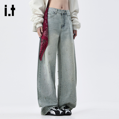 it :5cm/FIVECM牛仔裤男女款春秋冬新款泼墨工艺直筒休闲阔腿长裤