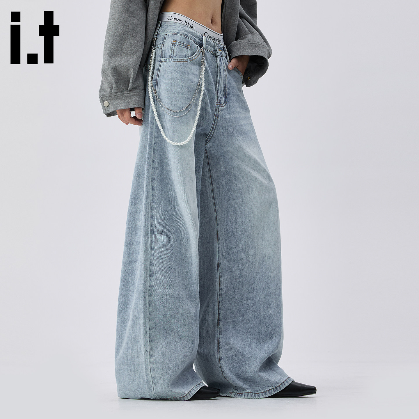 it :5cm/FIVECM时尚深色水洗垂感阔腿牛仔裤女2025新款秋宽松长裤