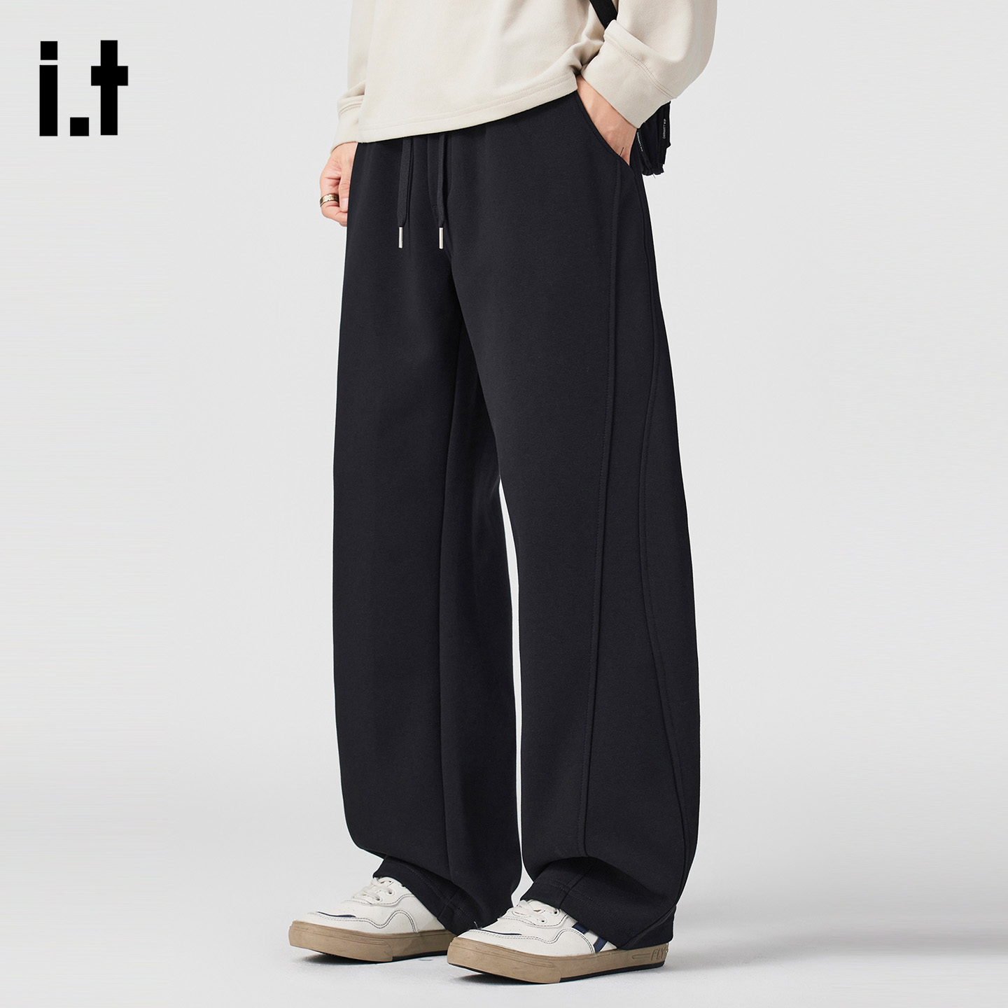 it5cm潮牌黑色抽绳休闲长裤
