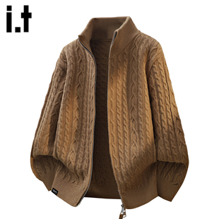 it :5cm/FIVECM咖色拉链开衫麻花毛衣男士2025秋冬季宽松外套上衣