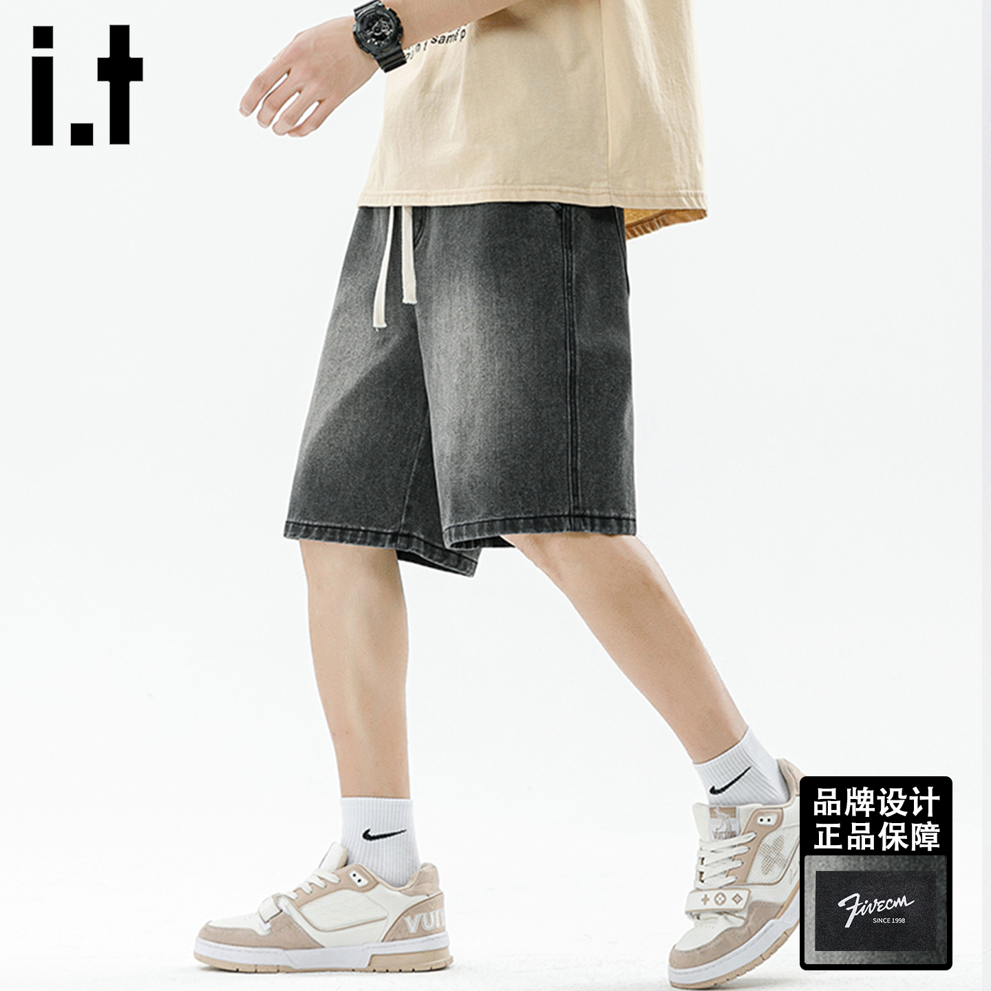 it FIVECM2026夏季潮牌牛仔短裤男抽绳松紧腰宽松百搭直筒五分裤