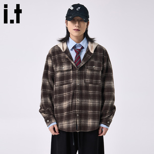 it :5cm/FIVECM咖色复古格子学院风长袖连帽衬衫男款2025秋季上衣