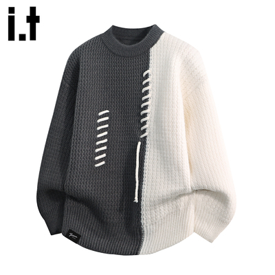 时尚拼接撞色小众毛衣男士
