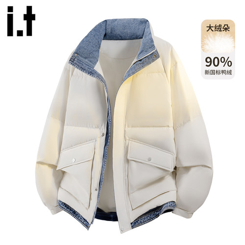 it5cm牛仔拼接羽绒服外套设计感