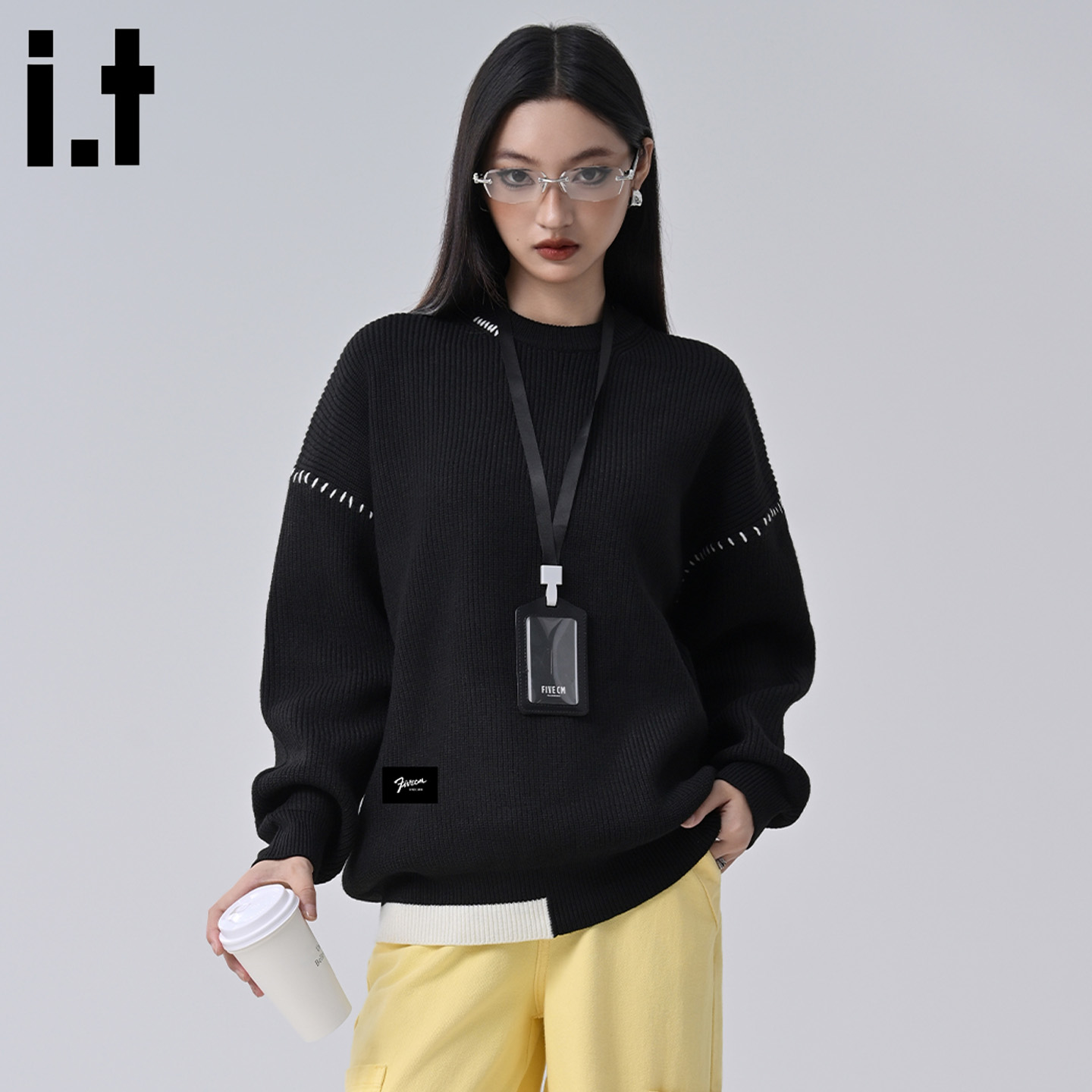 IT5cm黑色慵懒长袖圆领毛衣