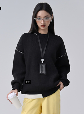 it :5cm/FIVECM黑色慵懒长袖圆领套头男士毛衣2025秋冬款宽松上衣