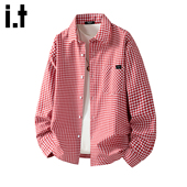 5cm FIVECM红色格子翻领长袖 衬衫 男2026春季 宽松休闲通勤衬衣