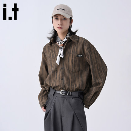 it :5cm/FIVECM咖色条纹长袖翻领衬衫男款2025新款秋痞帅宽松上衣
