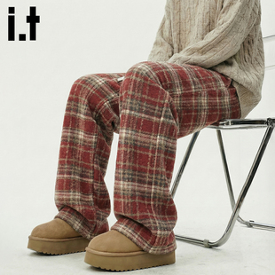 it :5cm/FIVECM美式毛呢红格子裤冬季男加绒阔腿垂感直筒休闲裤女