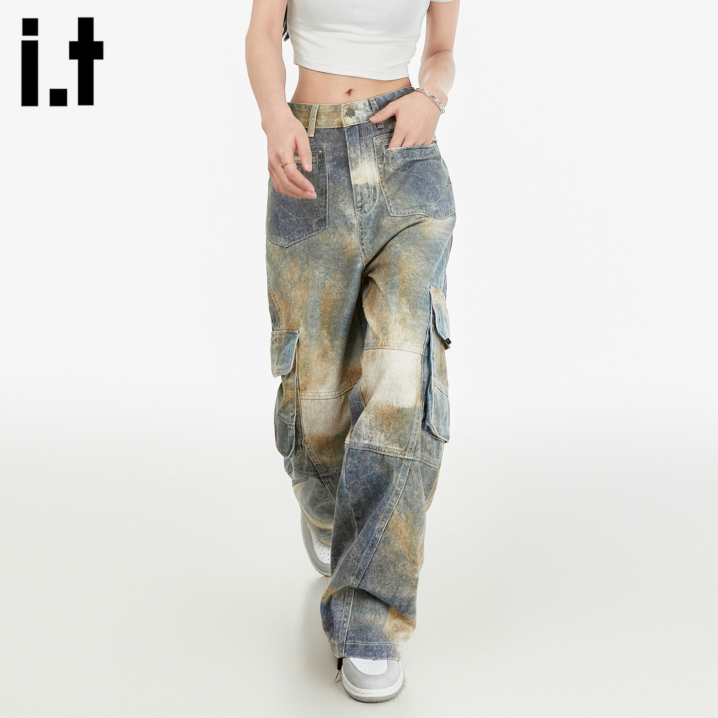 it :5cm/FIVECM做旧脏脏裤宽松工装牛仔裤女2026春夏阔腿直筒长裤
