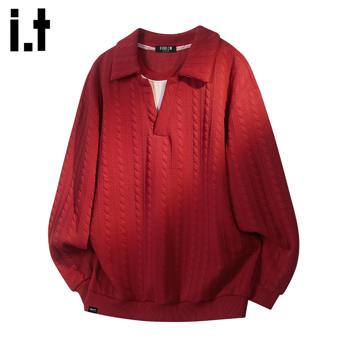 it红色麻花亨利领长袖毛衣