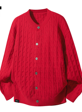 it :5cm/FIVECM红色本命年针织开衫毛衣男女秋冬宽松百搭外套上衣