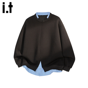 it :5cm/FIVECM黑色休闲假两件卫衣男2025秋冬季美式潮流套头上衣