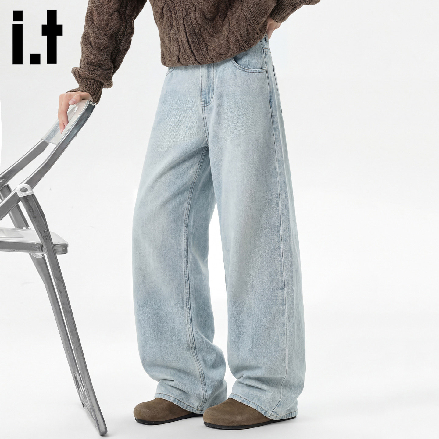 it :5cm/FIVECM浅色直筒牛仔裤男2026新款水洗做旧百搭宽松阔腿裤